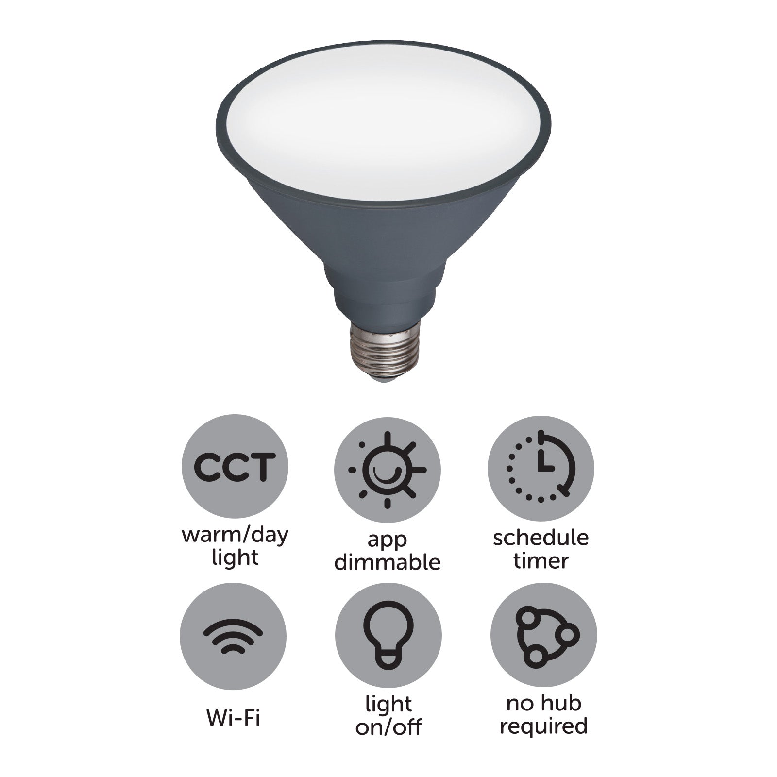 Smart PAR38 LED globe with E27 base, 1350 lumens brightness, CCT adjustment, and app-controlled scheduling