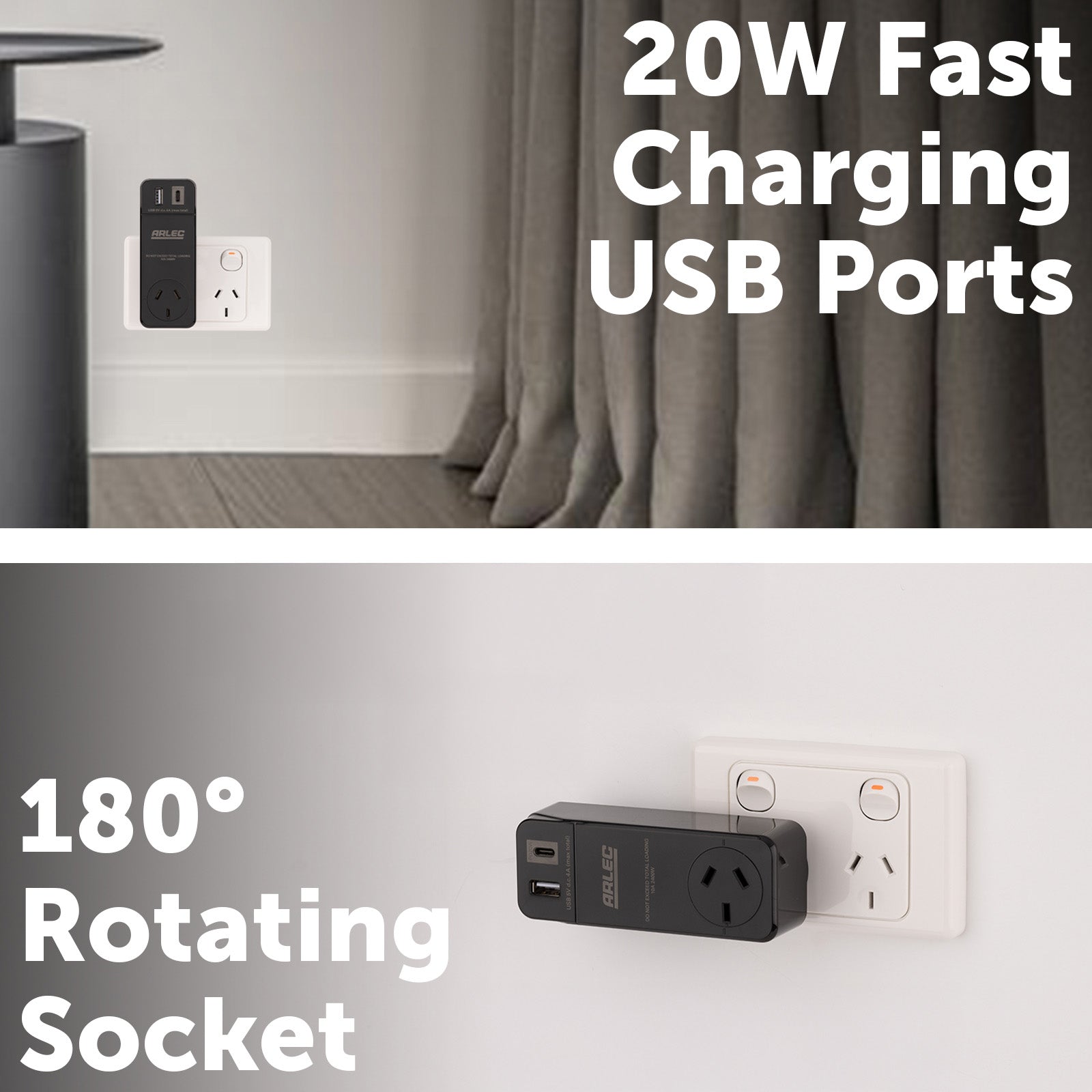 Smart rotating plug with USB A & C PD20W – Arlec Grid Connect compatible