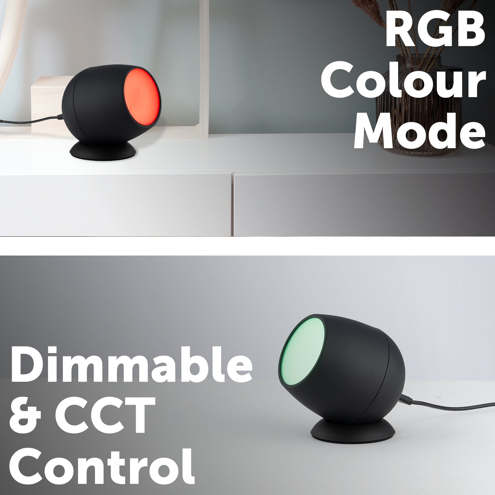 Smart tabletop spotlight with RGB and white LEDs, USB powered, Wi-Fi app control, Google and Alexa compatible