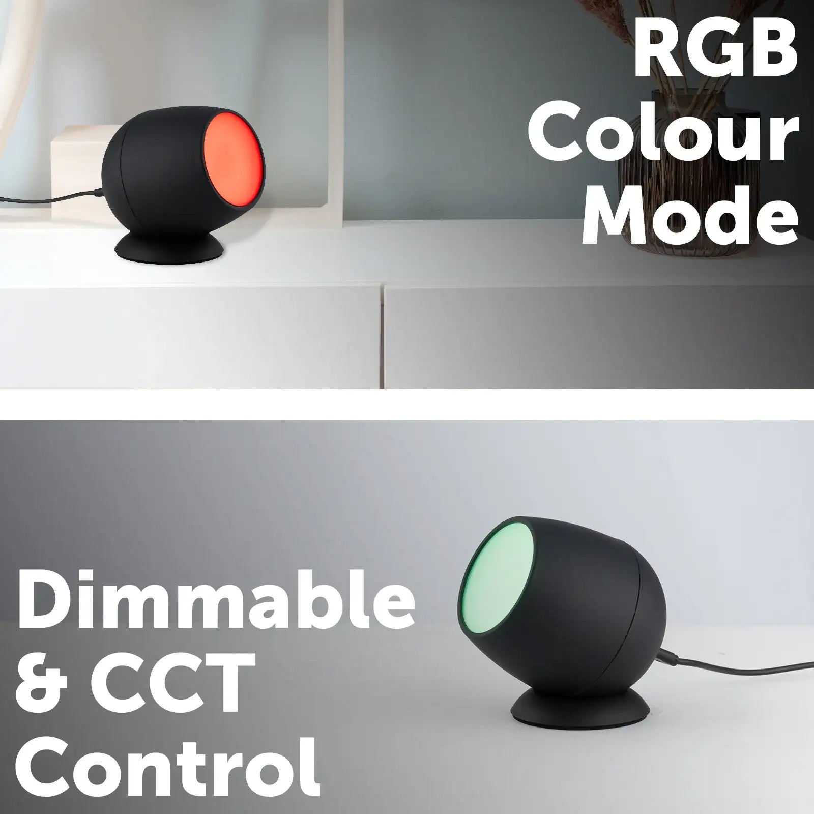 Smart tabletop spotlight with RGB and white LEDs, USB powered, Wi-Fi app control, Google and Alexa compatible