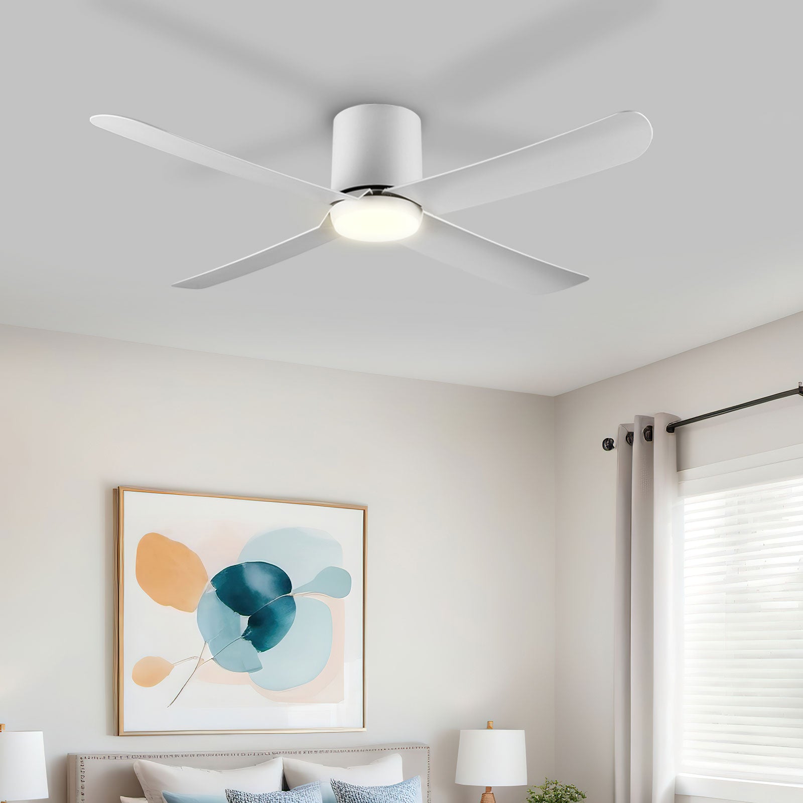 arlec 127cm hugger ceiling fan – low-profile ceiling fan with light; matte white 4 blade fan; space-saving cct ceiling fan