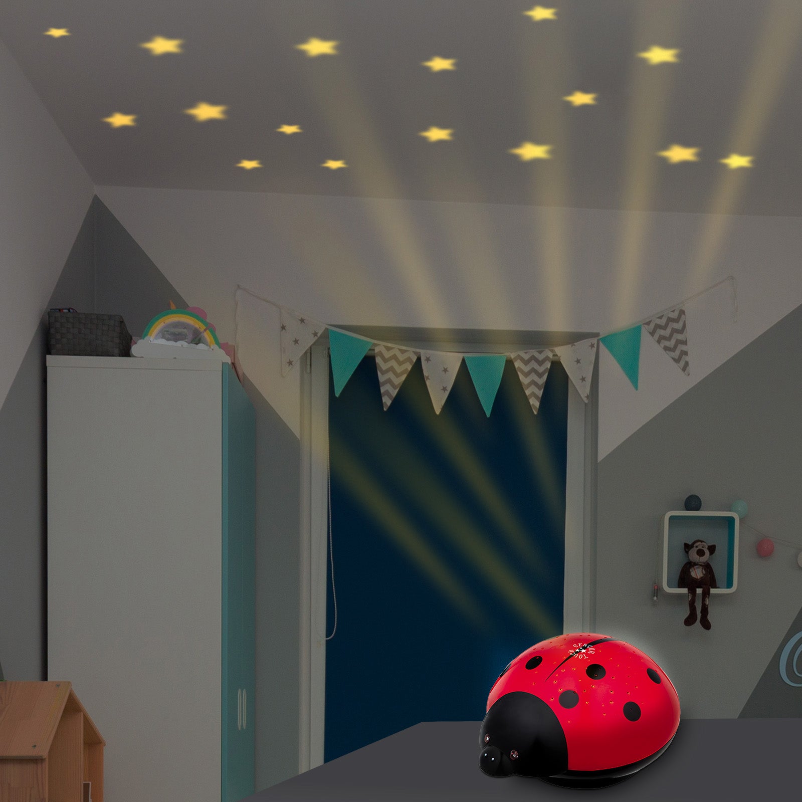 Arlec ladybug LED night light projector with colour-changing stars and auto-off timer