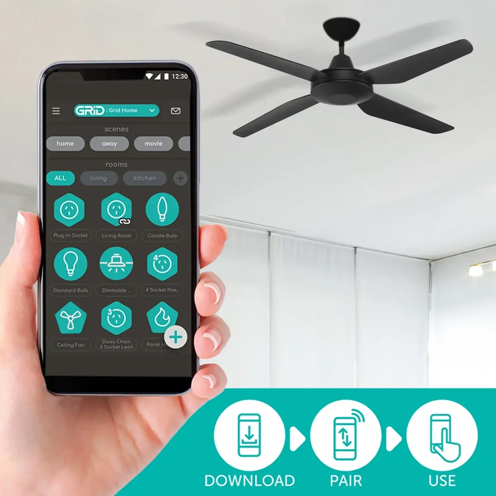 Arlec 130cm black smart ceiling fan with LED light and 6-speed remote