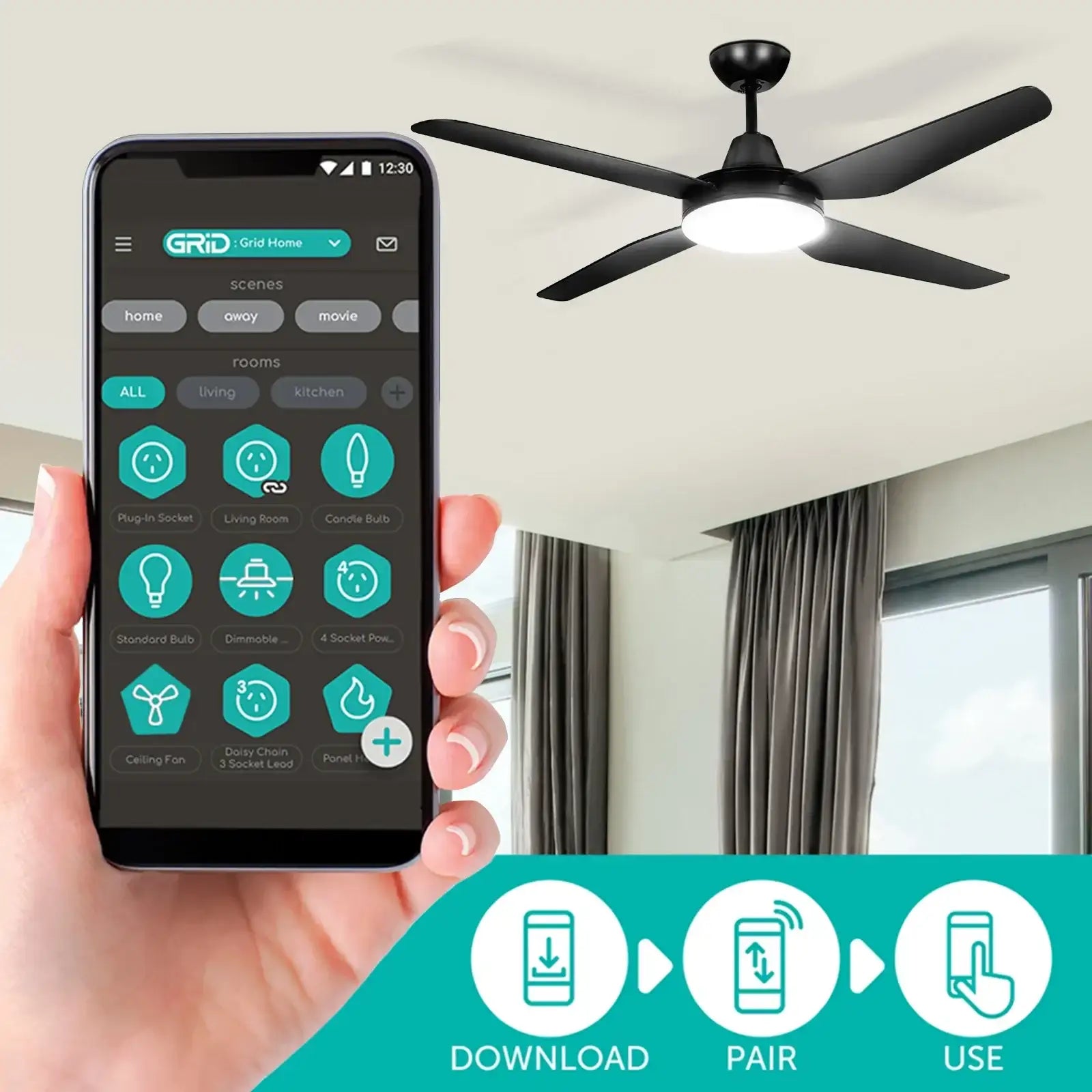Arlec 130cm smart black ceiling fan with LED light and app control