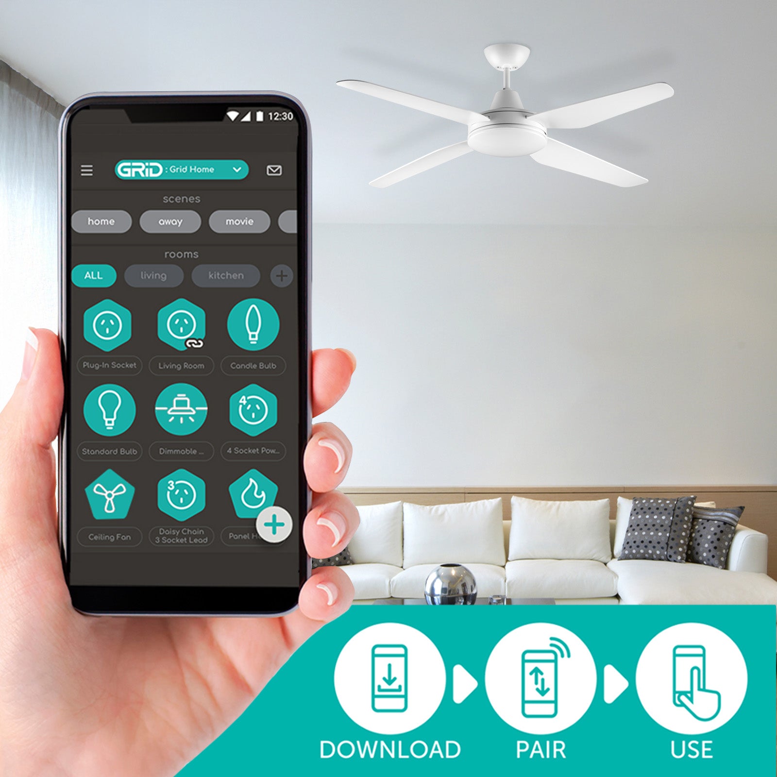 Arlec 130cm white smart ceiling fan with LED and remote