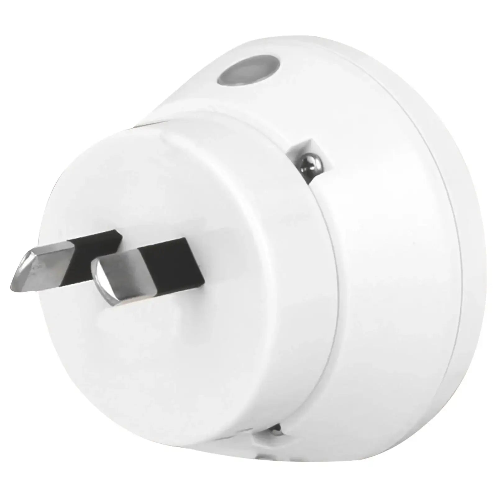 Arlec Mini Q-Shaped auto night light plug, white, side view showing prongs and sensor