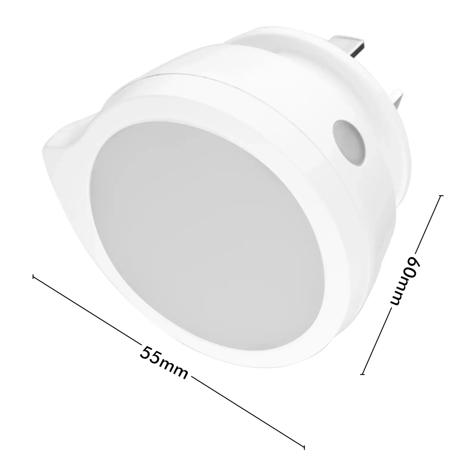 Arlec Mini Q-Shaped Auto Night Light in white with 55mm by 60mm size dimensions shown