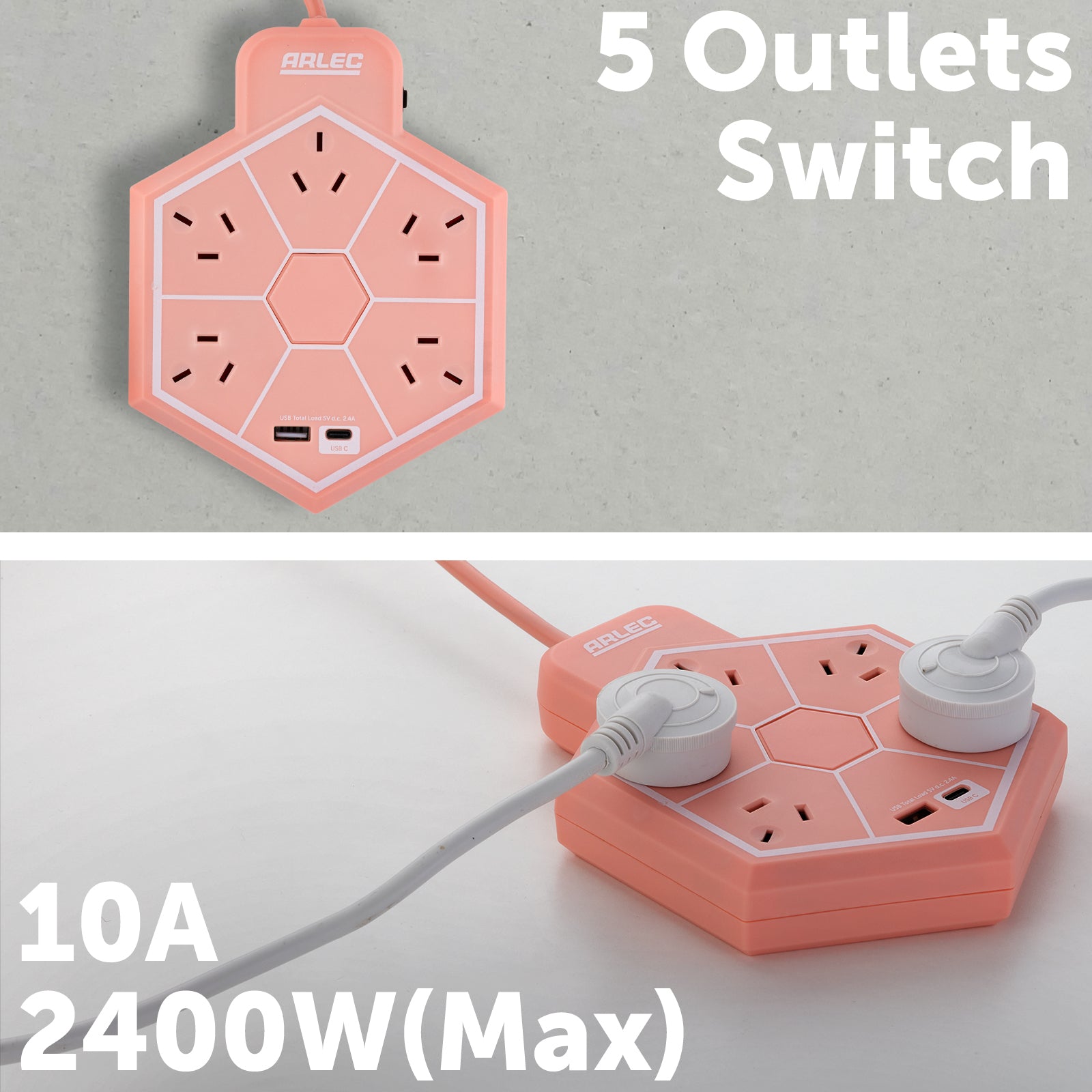 5 outlet hex powerboard with USBs – peach – hexagonal design powerboard with USB ports