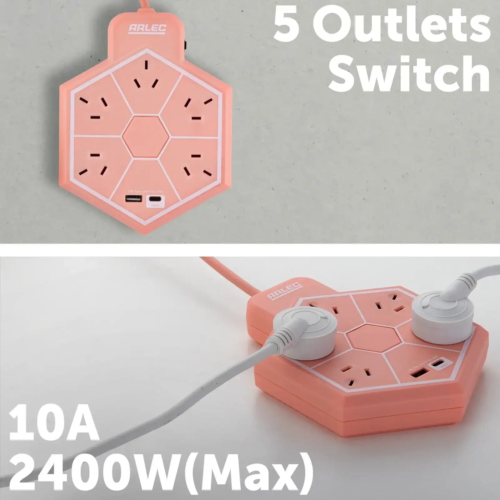 5 outlet hex powerboard with USBs – peach – hexagonal design powerboard with USB ports