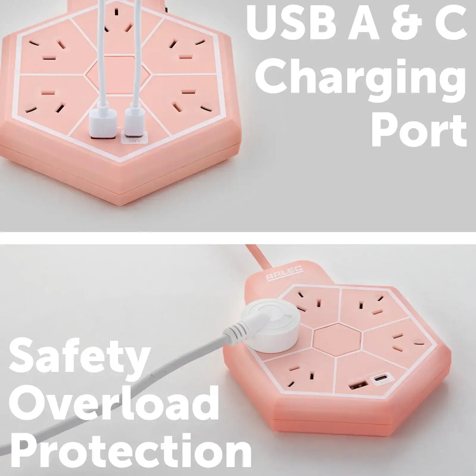 5 outlet hex powerboard with USBs – peach – hexagonal design powerboard with USB ports