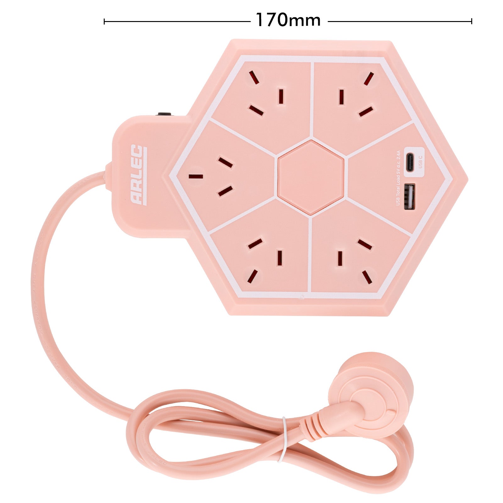 5 outlet hex powerboard with USBs – peach – hexagonal design powerboard with USB ports