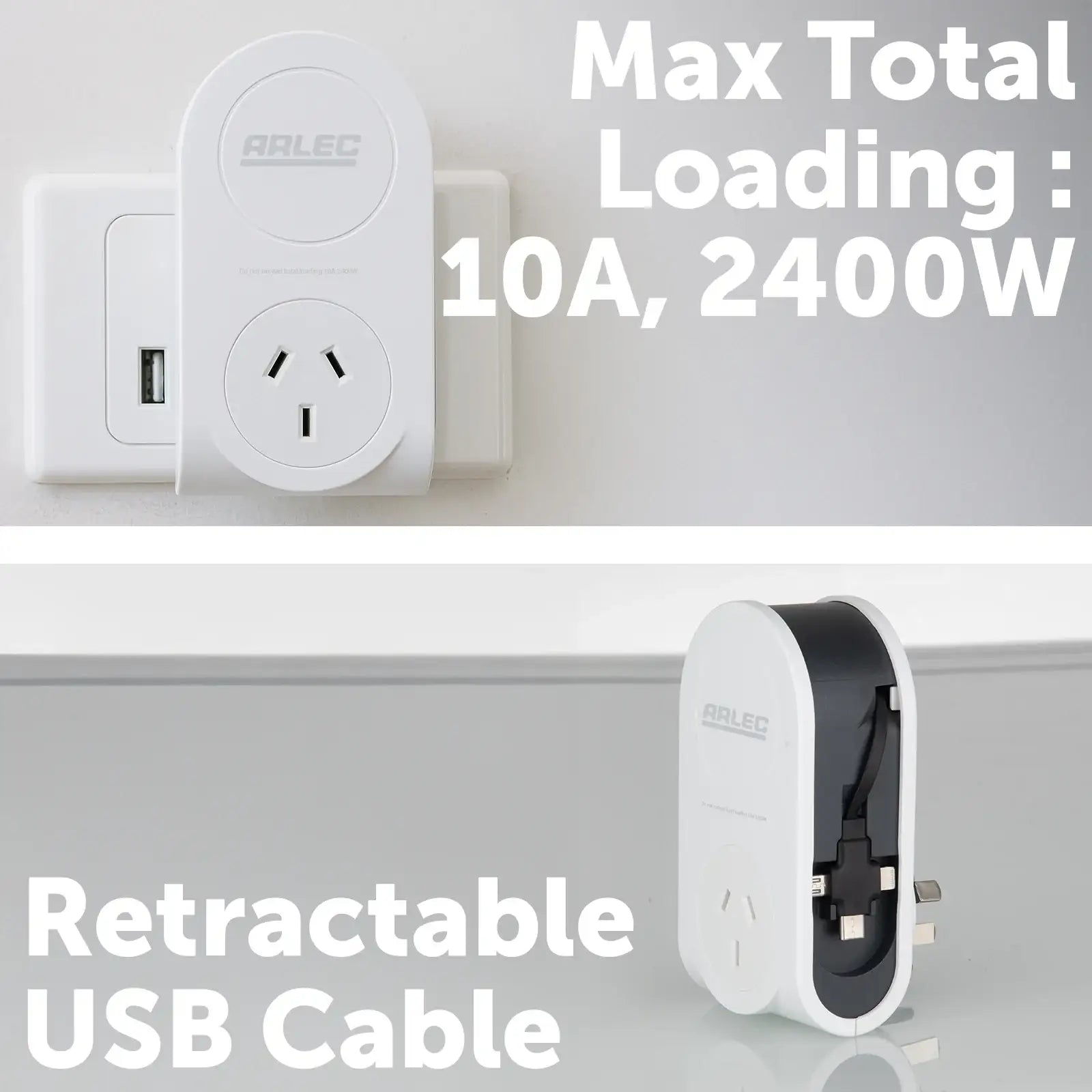 Retractable USB charger adaptor with extra USB port – Arlec 3-in-1 design