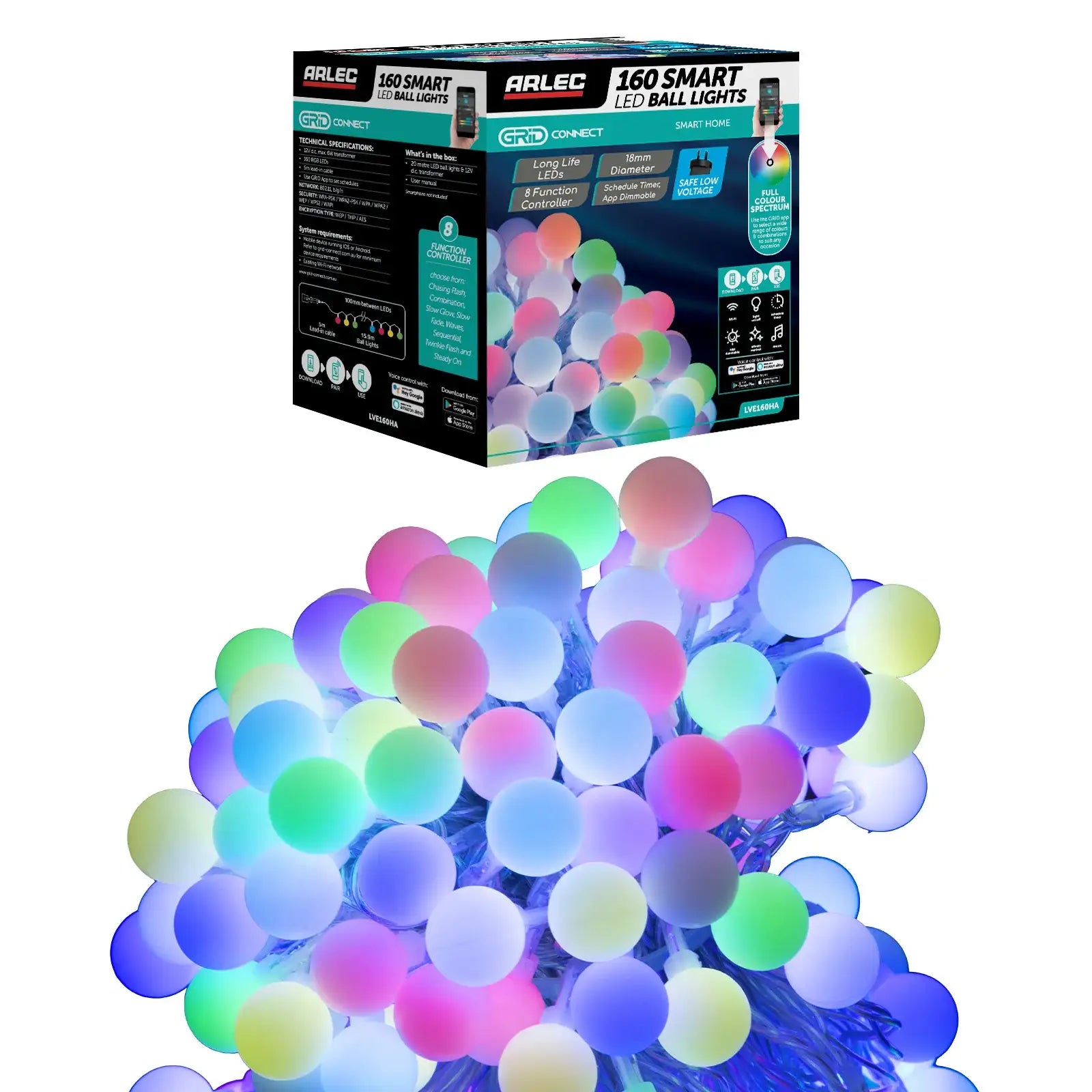 Arlec 160 LED RGB smart ball lights – Wi-Fi app-controlled decorative string lighting