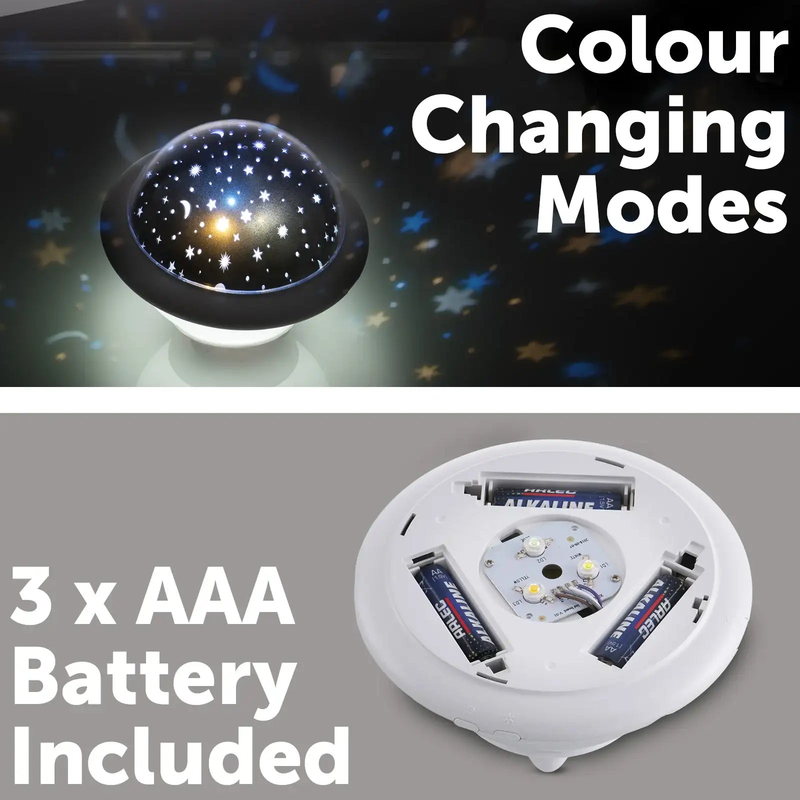 Arlec UFO LED night projector with colour-changing stars and moon for children’s room