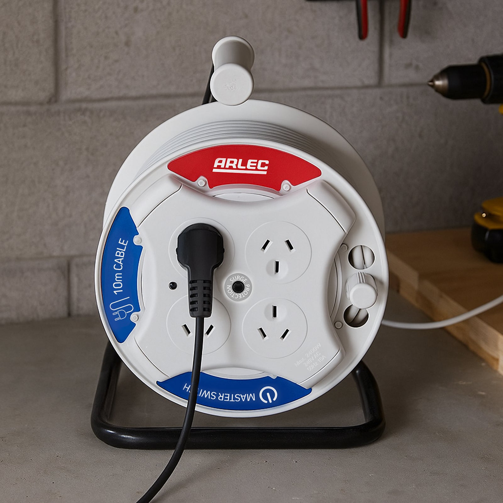 10m Cable Reel with Surge Protection - surge protected reel, cable extension reel, 10m retractable lead
