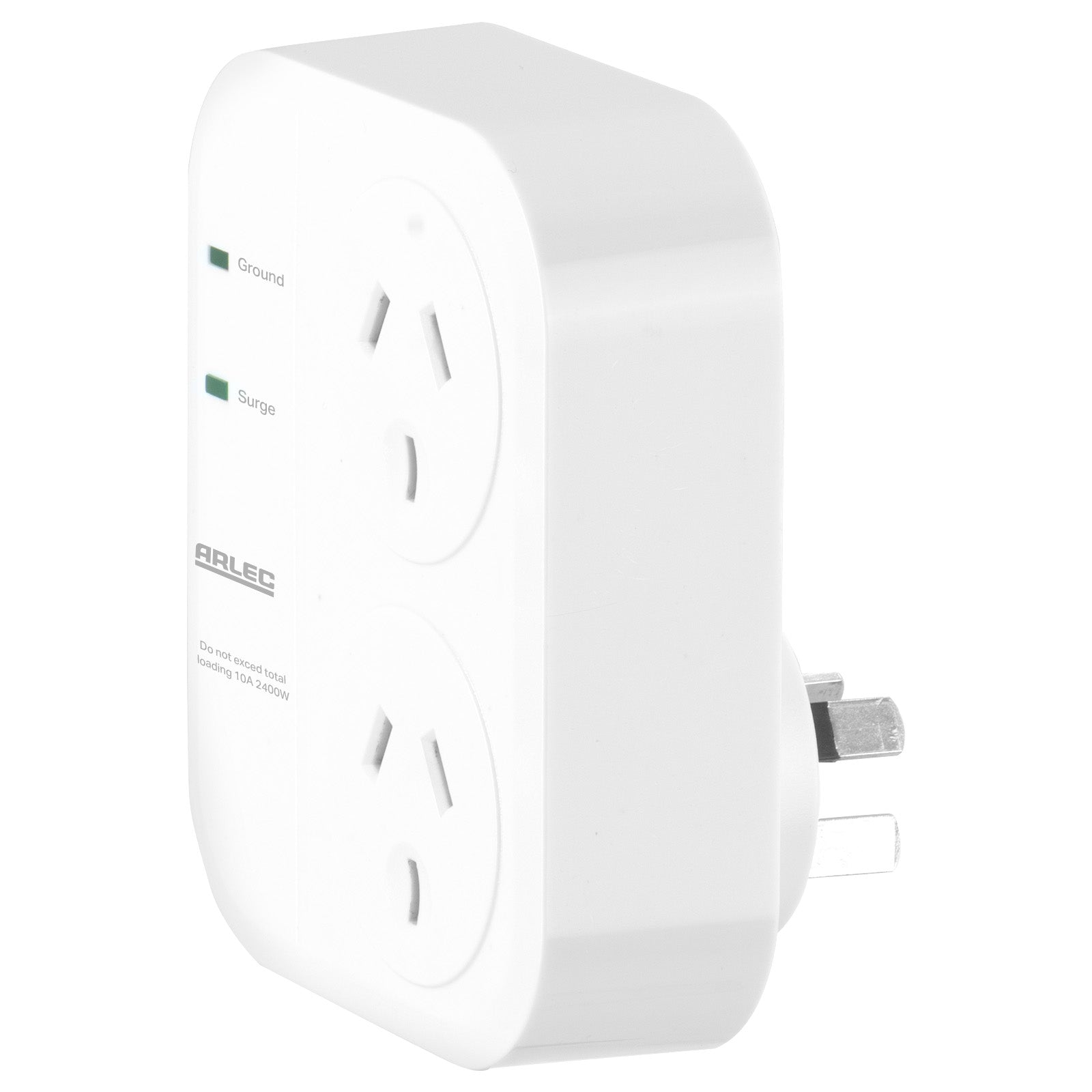 Double adaptor with surge protection for home electronics – Arlec vertical plug