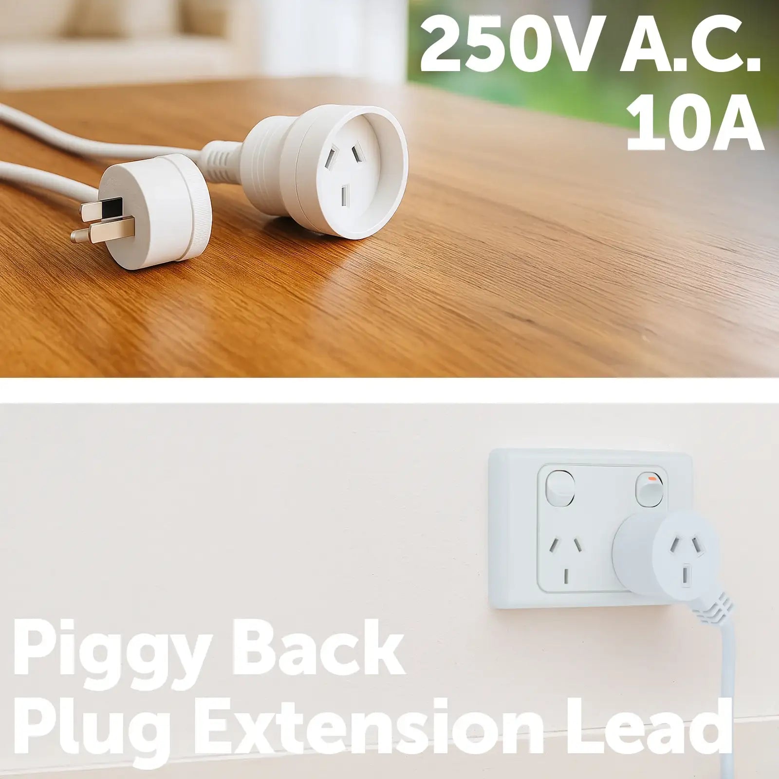 Piggy Back Extension Lead - 2m - short piggyback lead, 2m power cord, compact extension cable