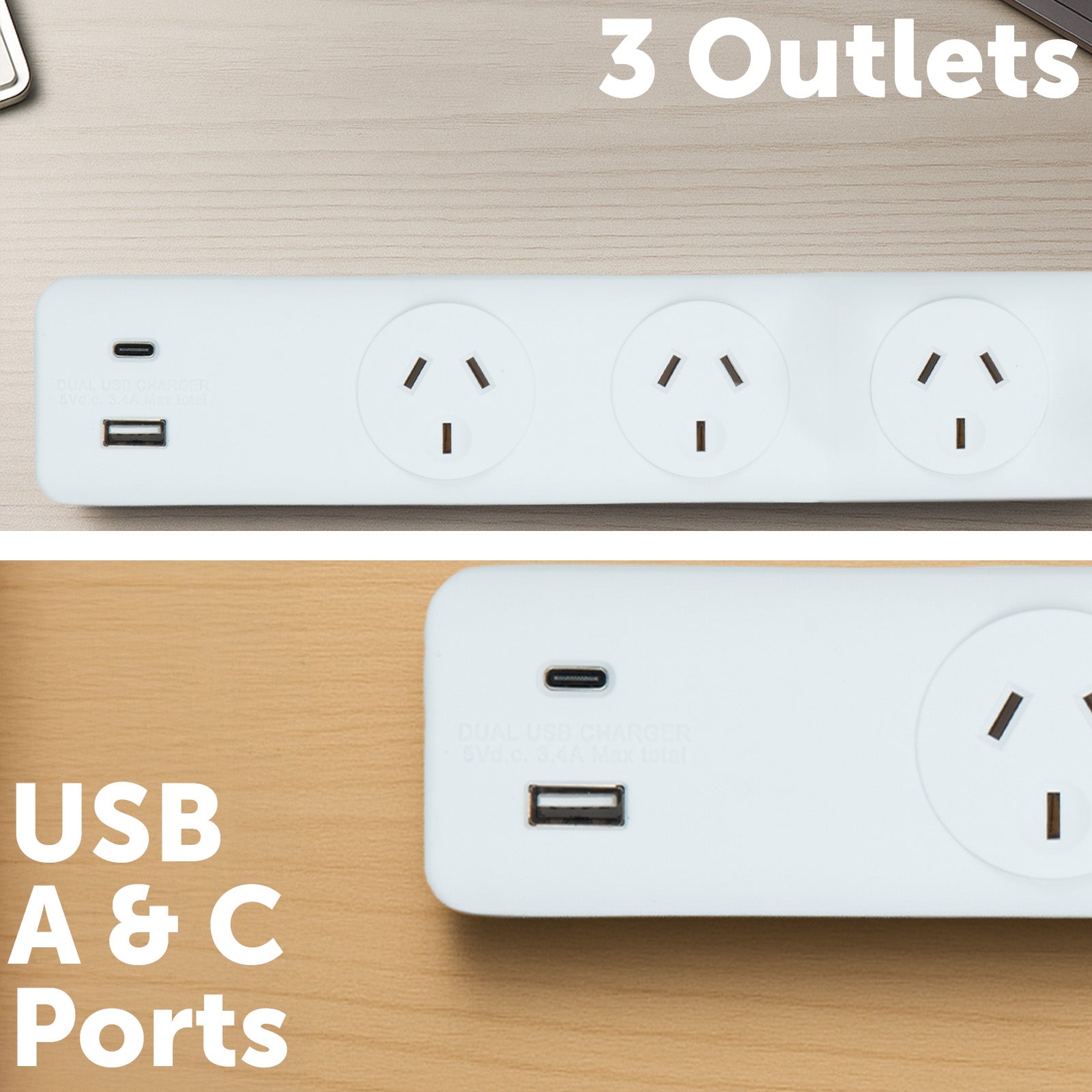 3 outlet powerboard with USB charger 3.1A – compact powerboard with USB charging for home use