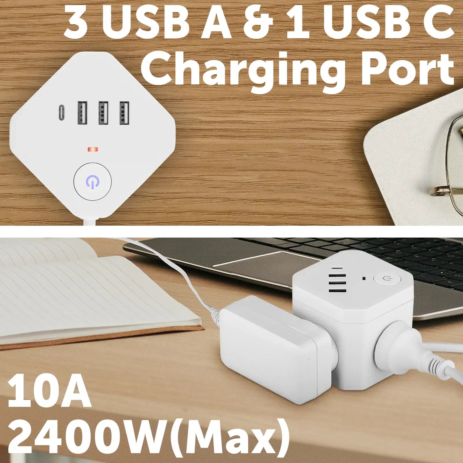 4 outlet power cube with USB 3A+1C – 3.4A – compact USB cube powerboard for fast charging