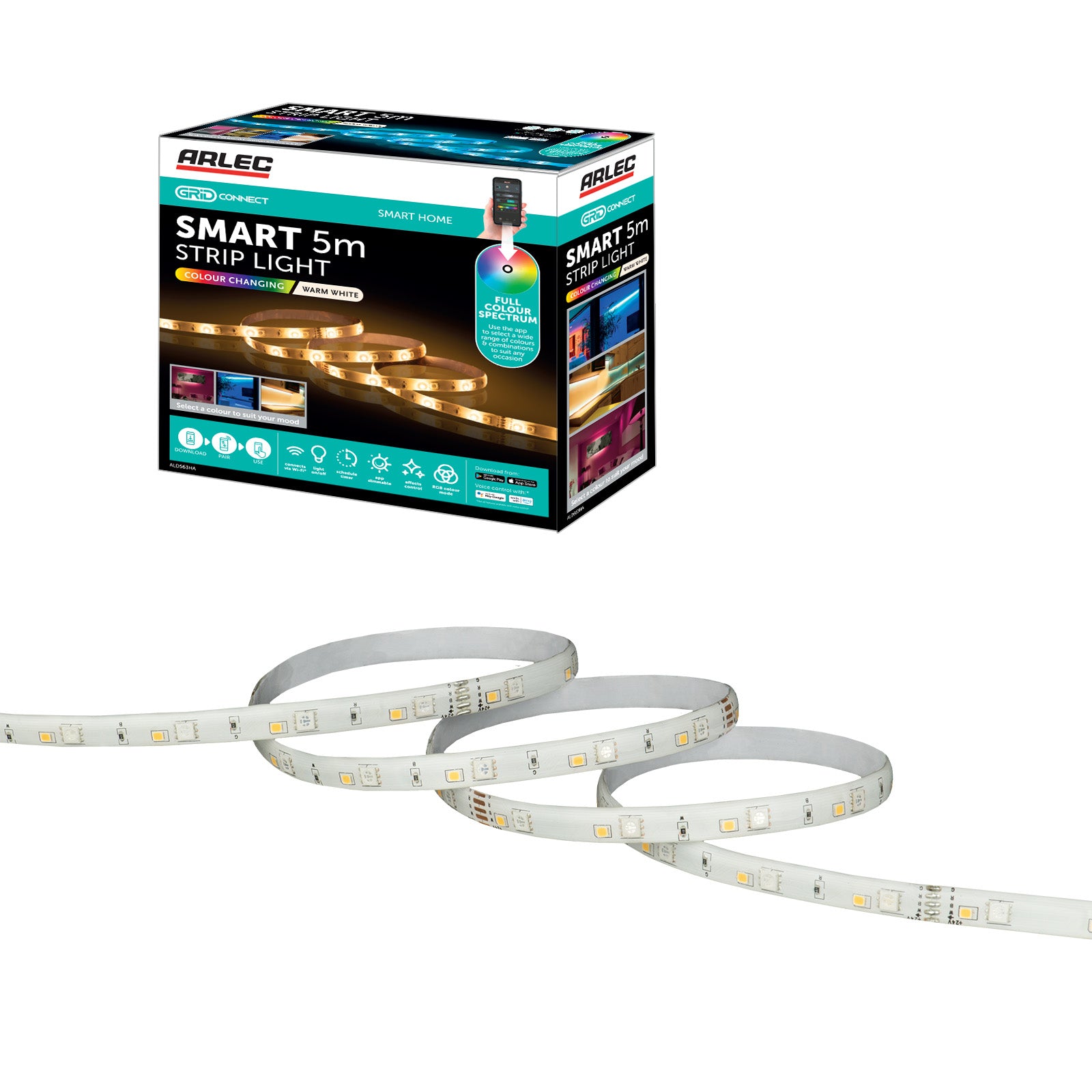 5m smart RGBW LED strip light with Wi-Fi control, adjustable brightness, and customizable lighting scenes
