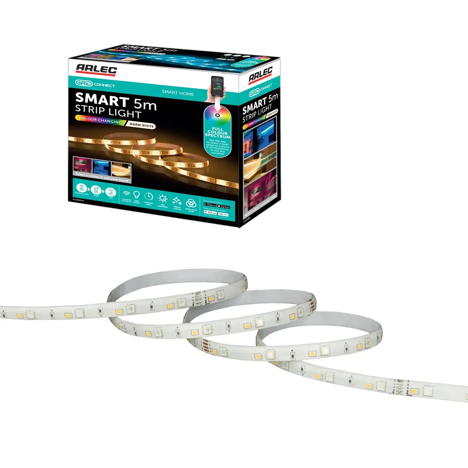 5m smart RGBW LED strip light with Wi-Fi control, adjustable brightness, and customizable lighting scenes