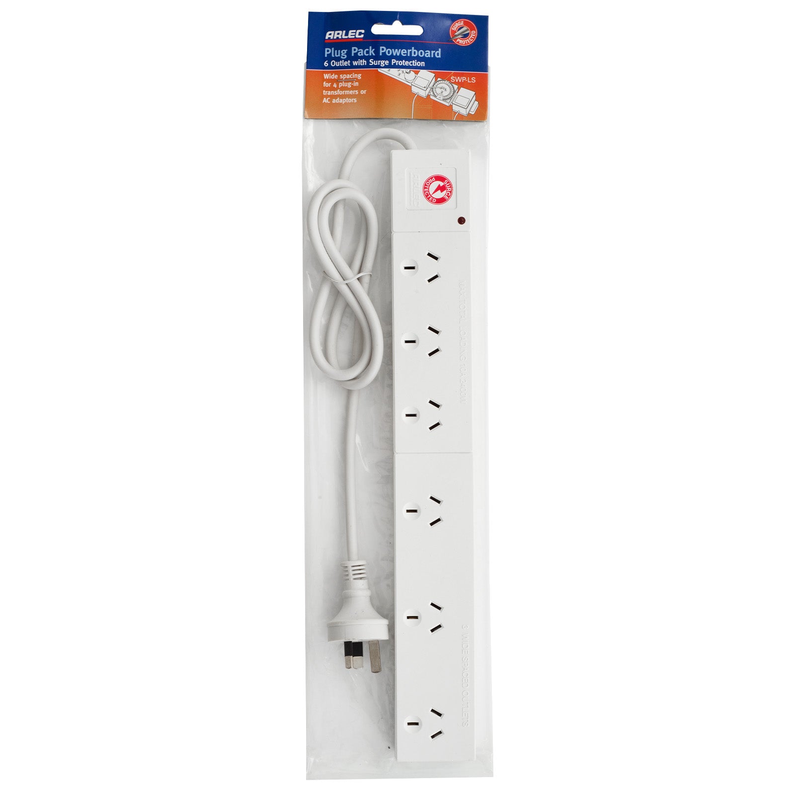 6 outlet surge protected power board wide spaced (right angle plug) – wide spaced right angle extension board