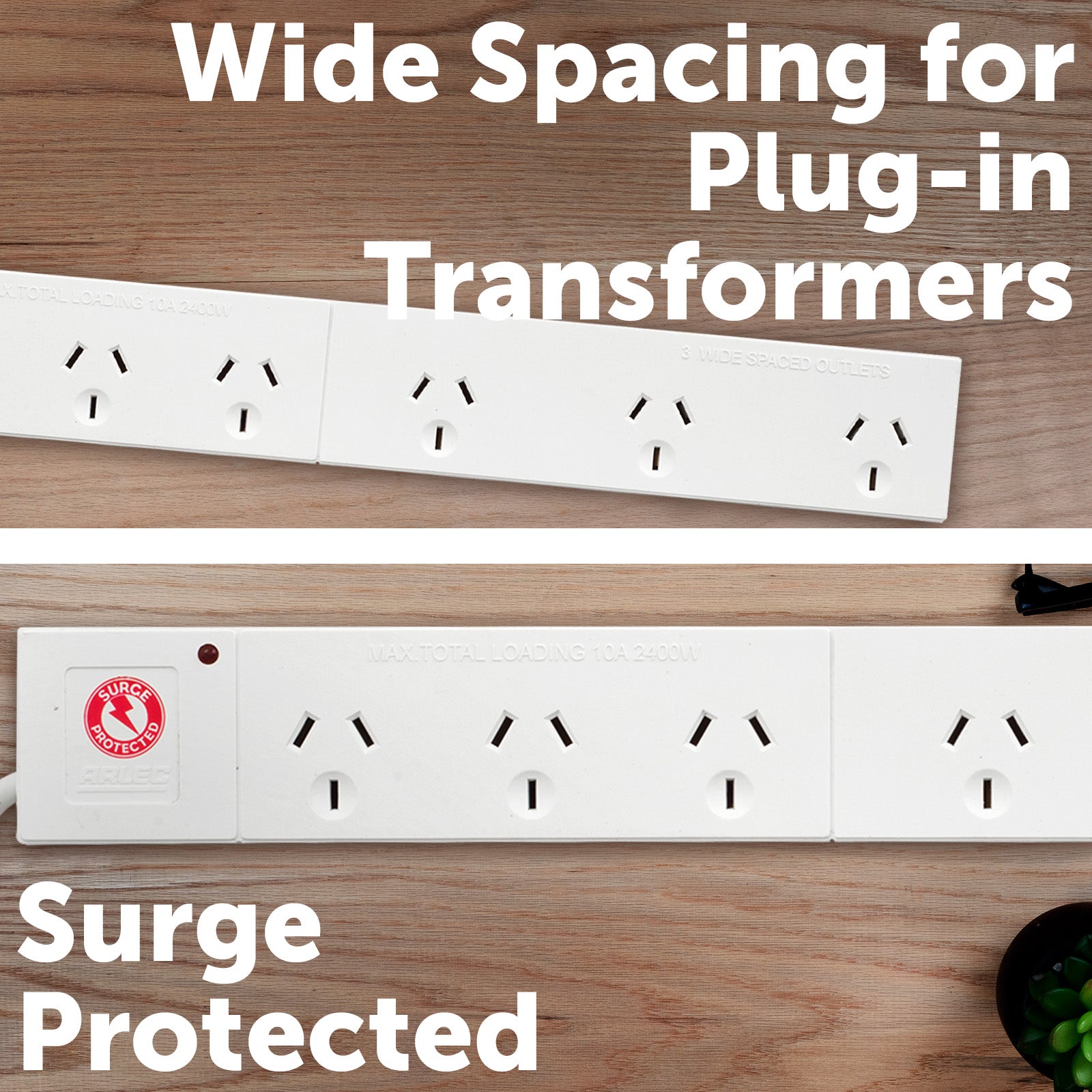 6 outlet surge protected power board wide spaced (right angle plug) – wide spaced right angle extension board