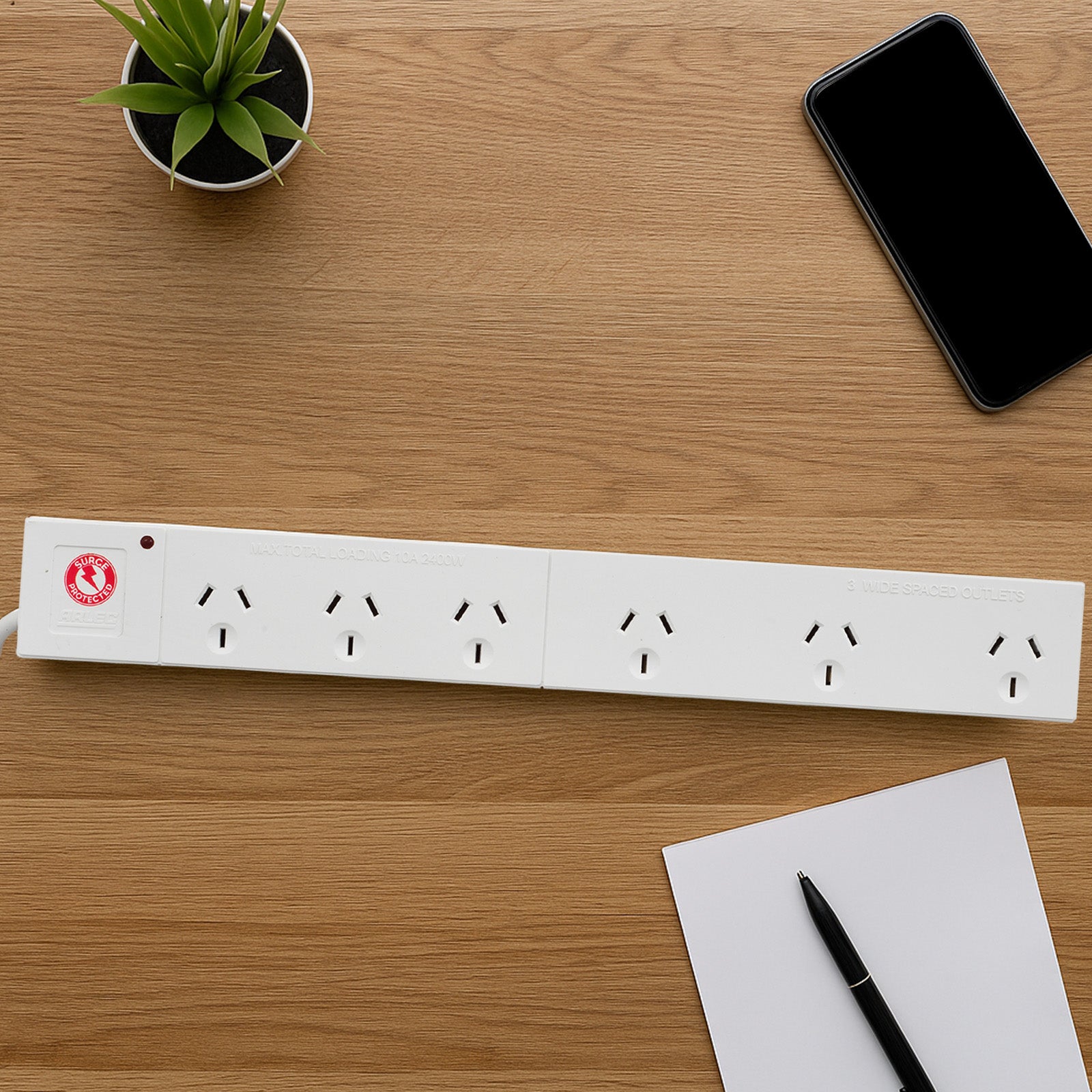 6 outlet surge protected power board wide spaced (right angle plug) – wide spaced right angle extension board