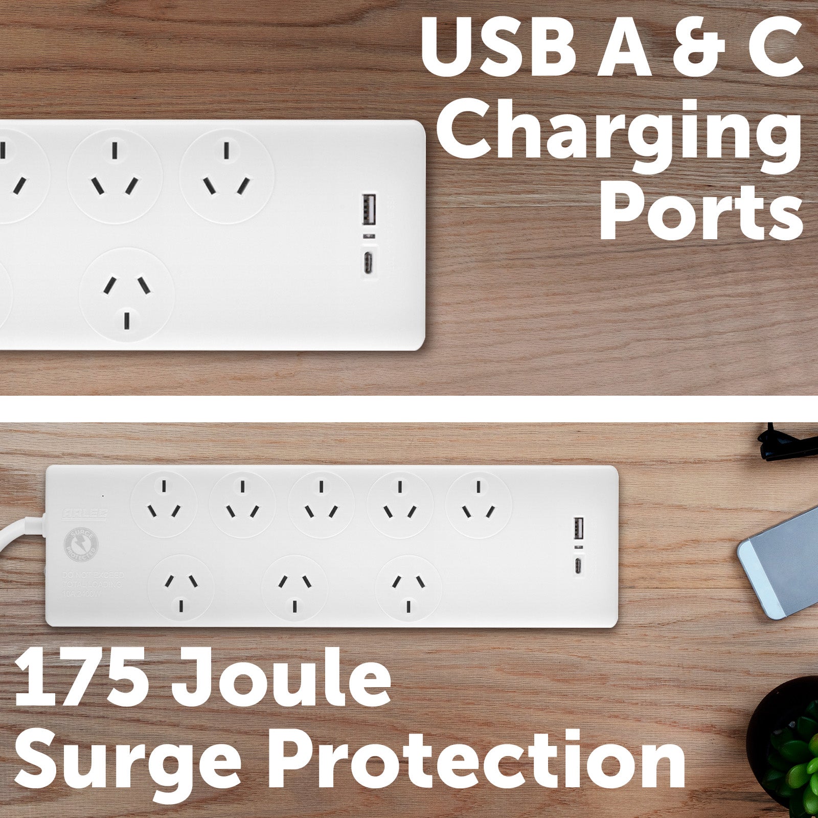 8 outlet entertainment power board with dual USBs A & C – USB charging powerboard for media devices
