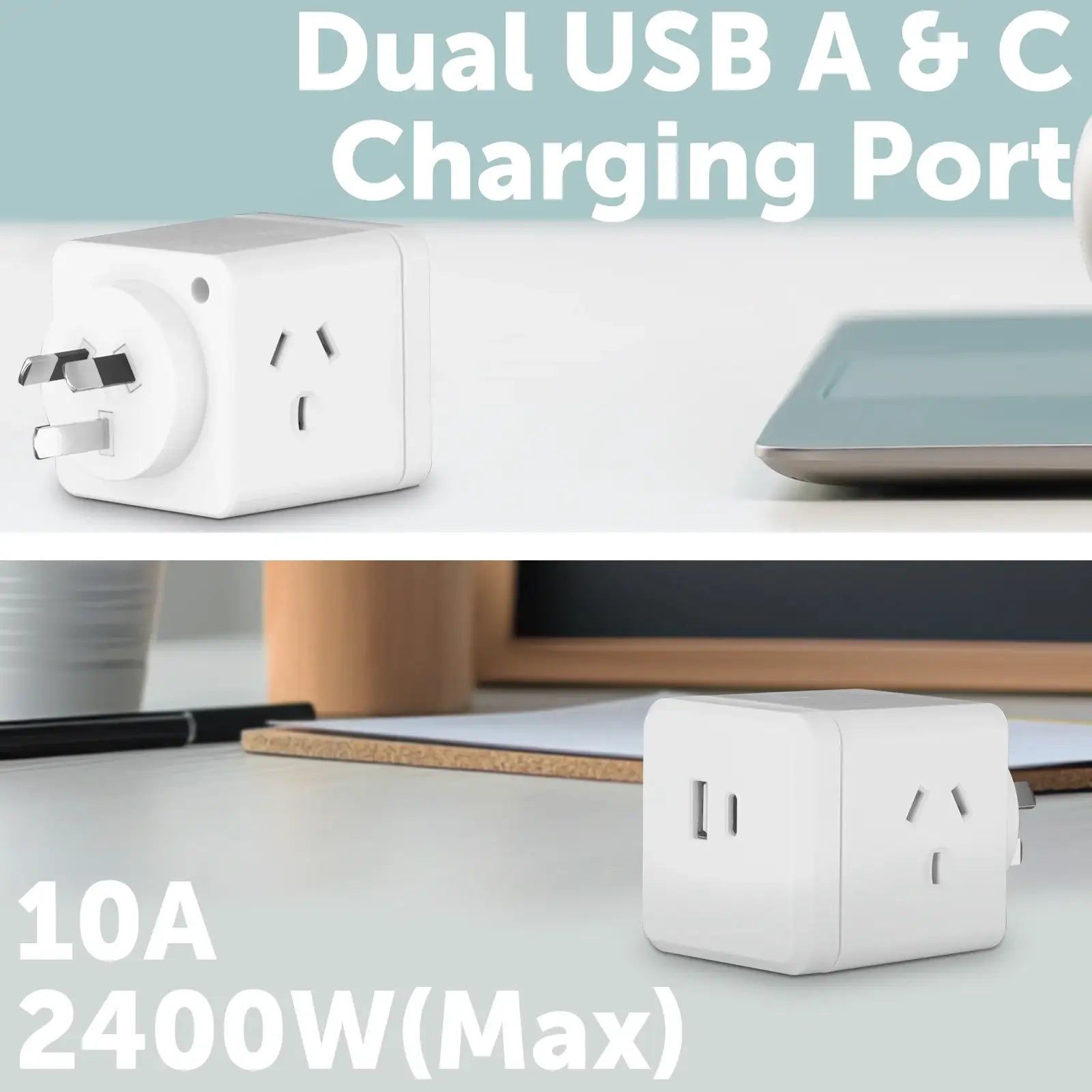 Power cube double adaptor with USB A & C ports – Arlec 3.4A charger