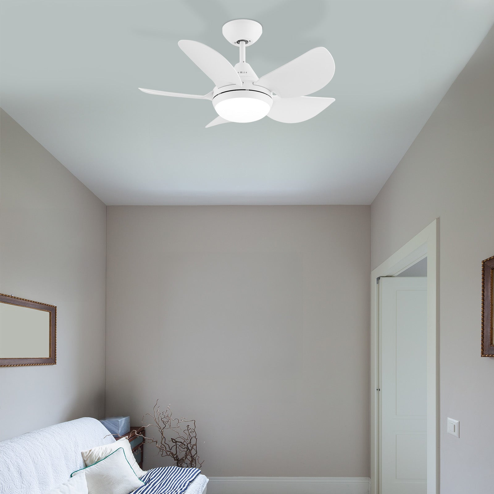 arlec 76cm maxy ceiling fan with light – compact 5 blade white ceiling fan; tri-colour led panel fan; modern fan for small rooms