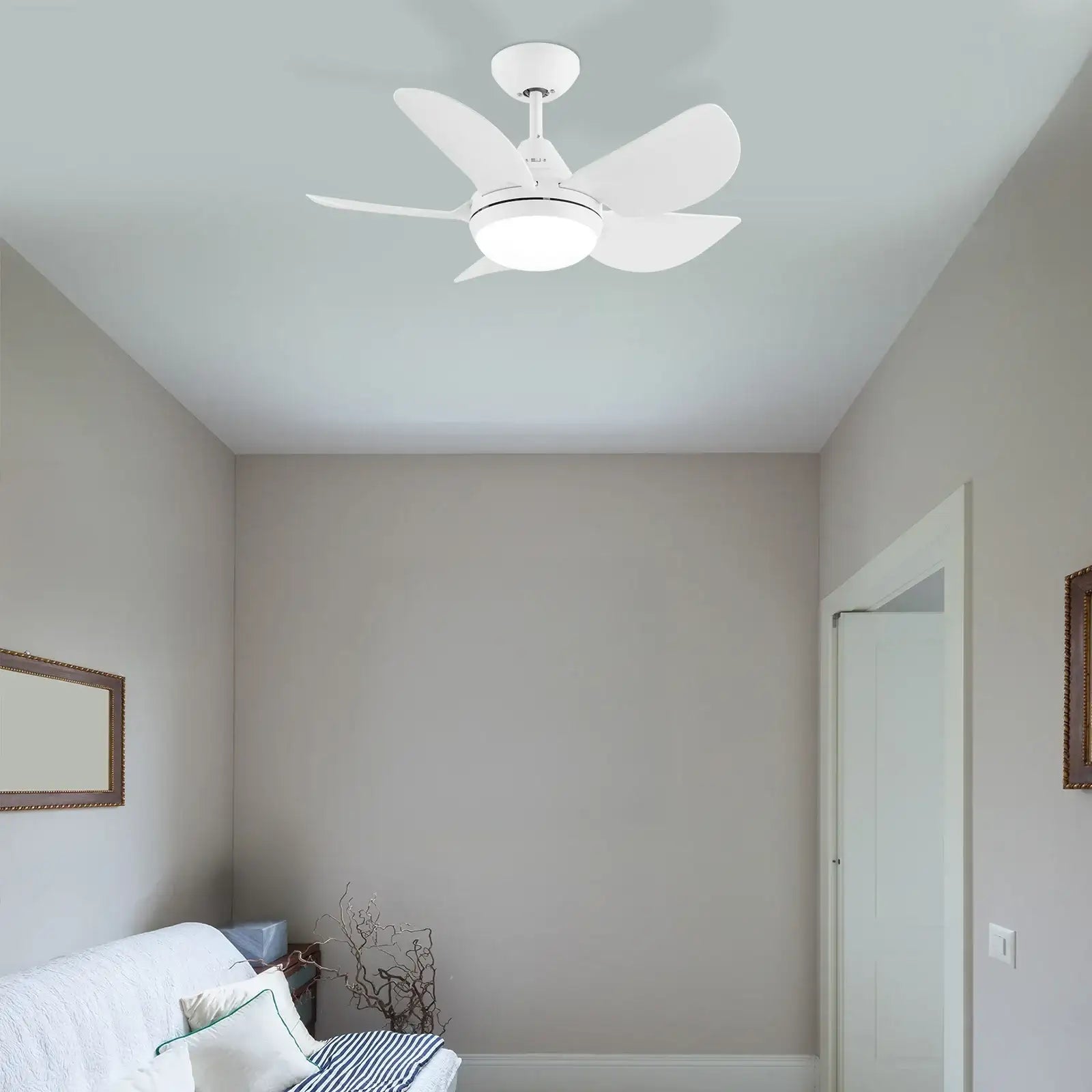 arlec 76cm maxy ceiling fan with light – compact 5 blade white ceiling fan; tri-colour led panel fan; modern fan for small rooms