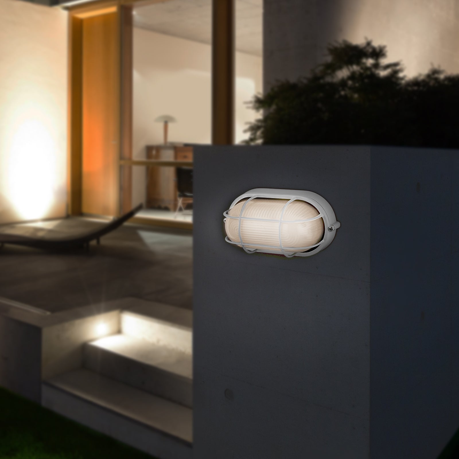 Arlec White Oval Caged Bunker Light - bunker wall light