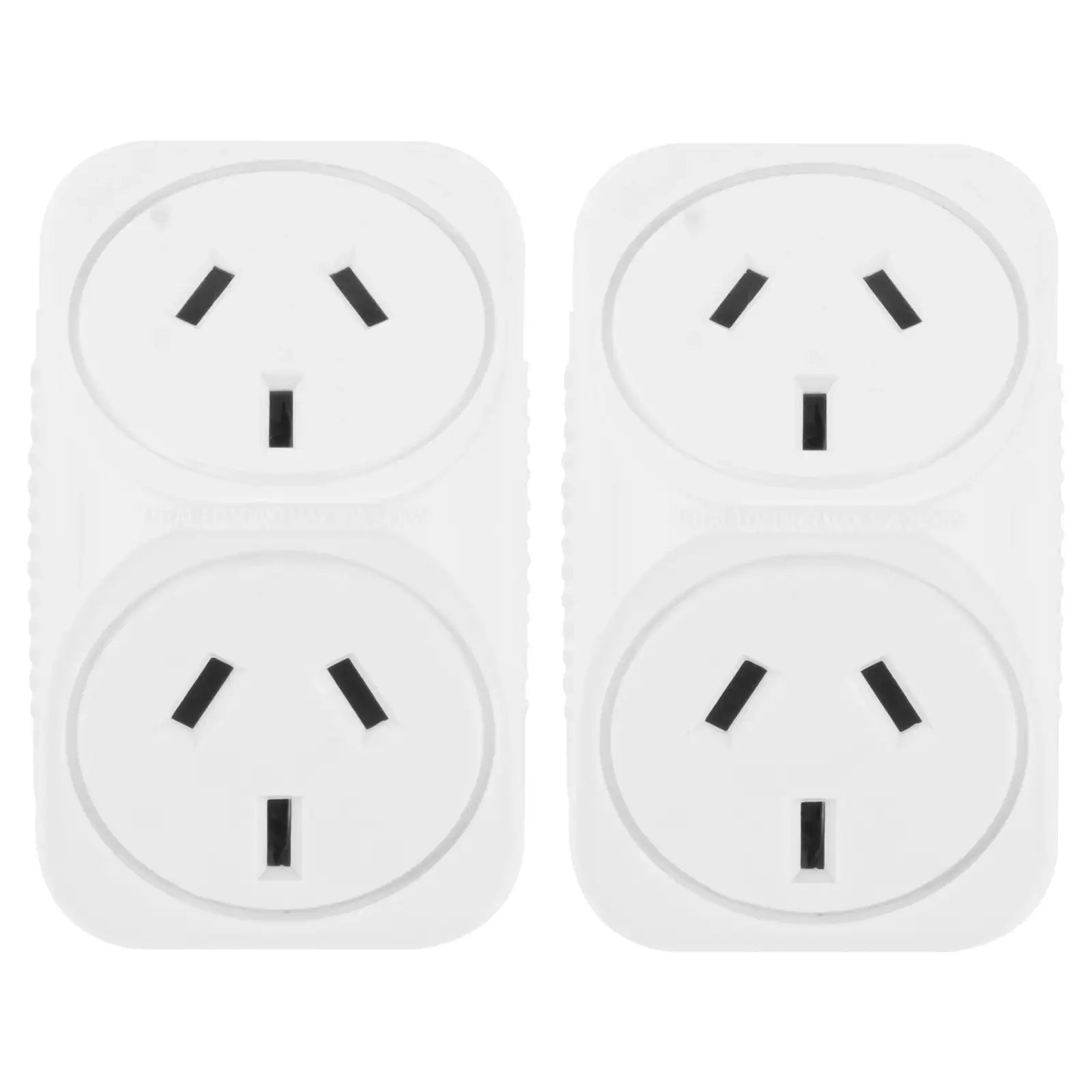 Arlec white triangular double adaptor with four Australian power sockets on a plain background