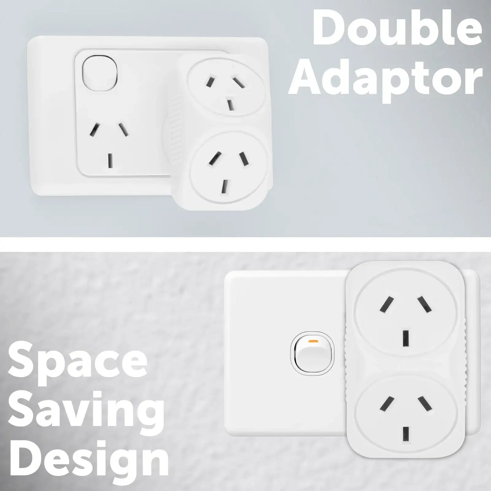 Arlec white triangular double adaptor plugged into a wall outlet, space-saving design
