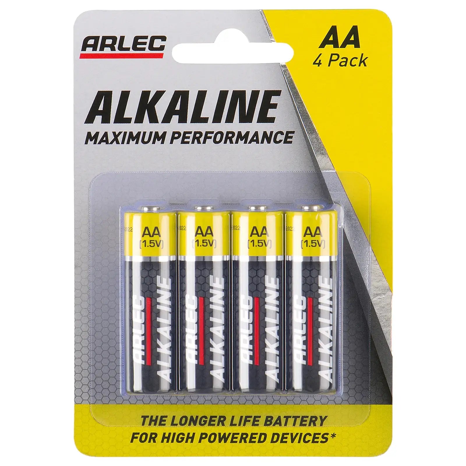 Arlec AA alkaline batteries 4 pack, 1.5V, in retail packaging, for high performance devices