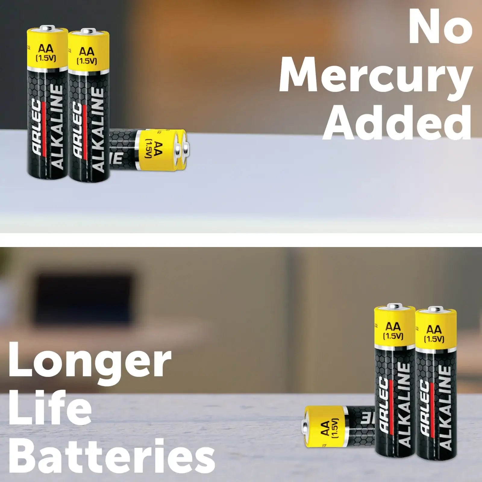 ARLEC AA alkaline batteries on a table with text No Mercury Added and Longer Life Batteries