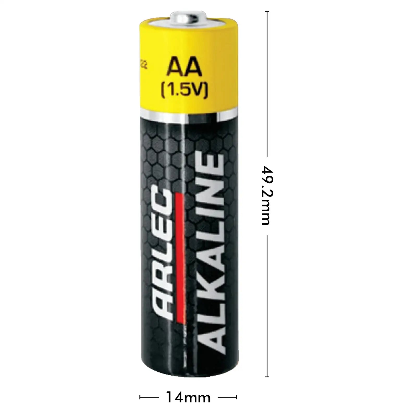 ARLEC AA alkaline battery with dimensions 49.2mm by 14mm shown on white background