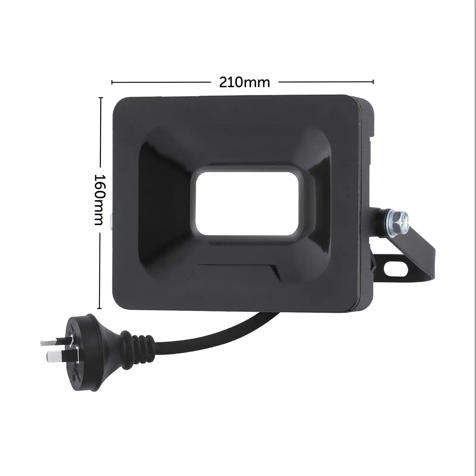 Rectangular black floodlight with plug, 210mm width, 160mm height, mounting bracket