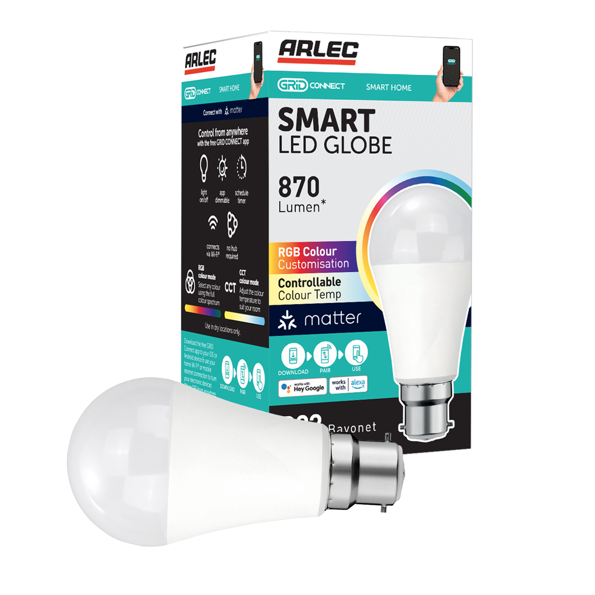 Arlec Grid Connect Smart 9W B22 870lm RGB and Tunable White LED Globe - Matter Compatible