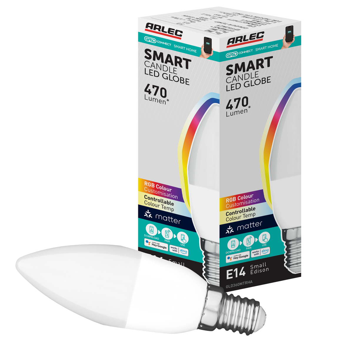 Arlec Grid Connect Smart 5W E14 470lm RGB and Tunable White Candle LED Globe - Matter Compatible