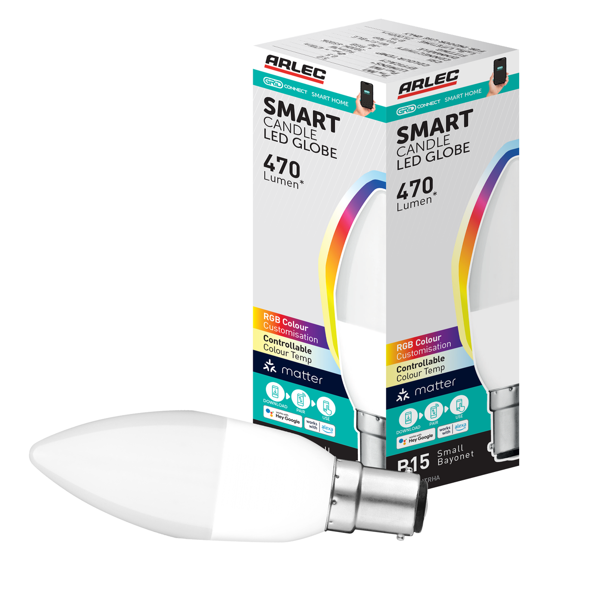 Arlec Grid Connect Smart 5W B15 470lm RGB and Tunable White Candle LED Globe - Matter Compatible