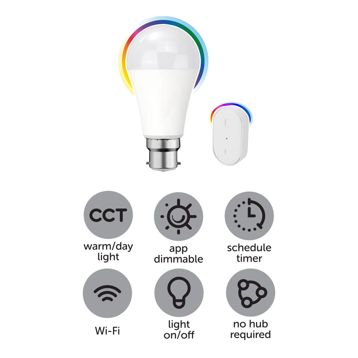 Arlec Grid Connect Smart 9W B22 A60 RGB+CCT and Tunable White LED Globe with Remote