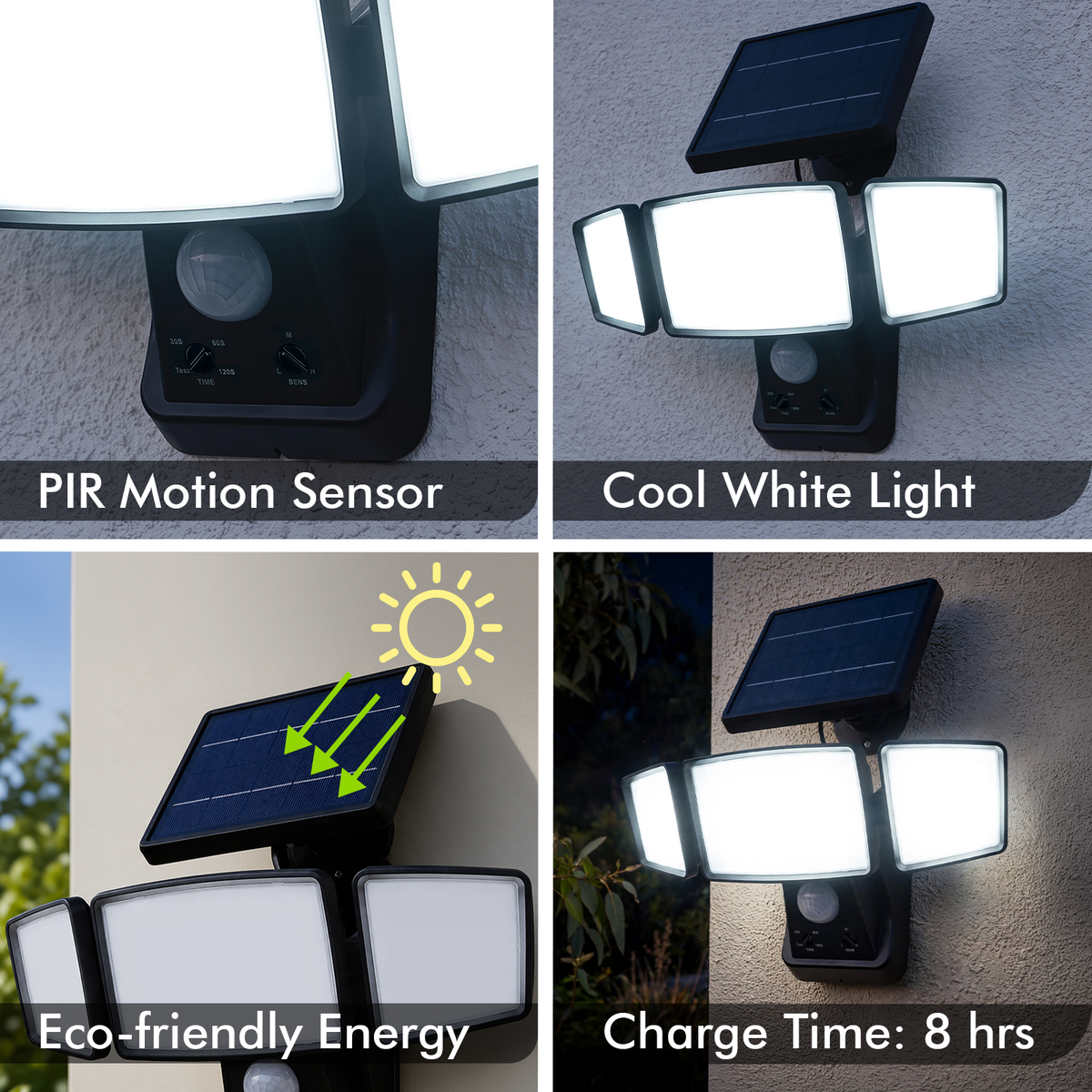 Solar linkable three head security floodlight with PIR motion sensor