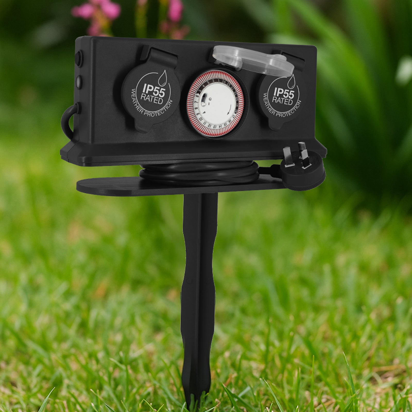 Arlec Grey 4 Outlet Outdoor Powerboard With Timer And Removable Garden Stake