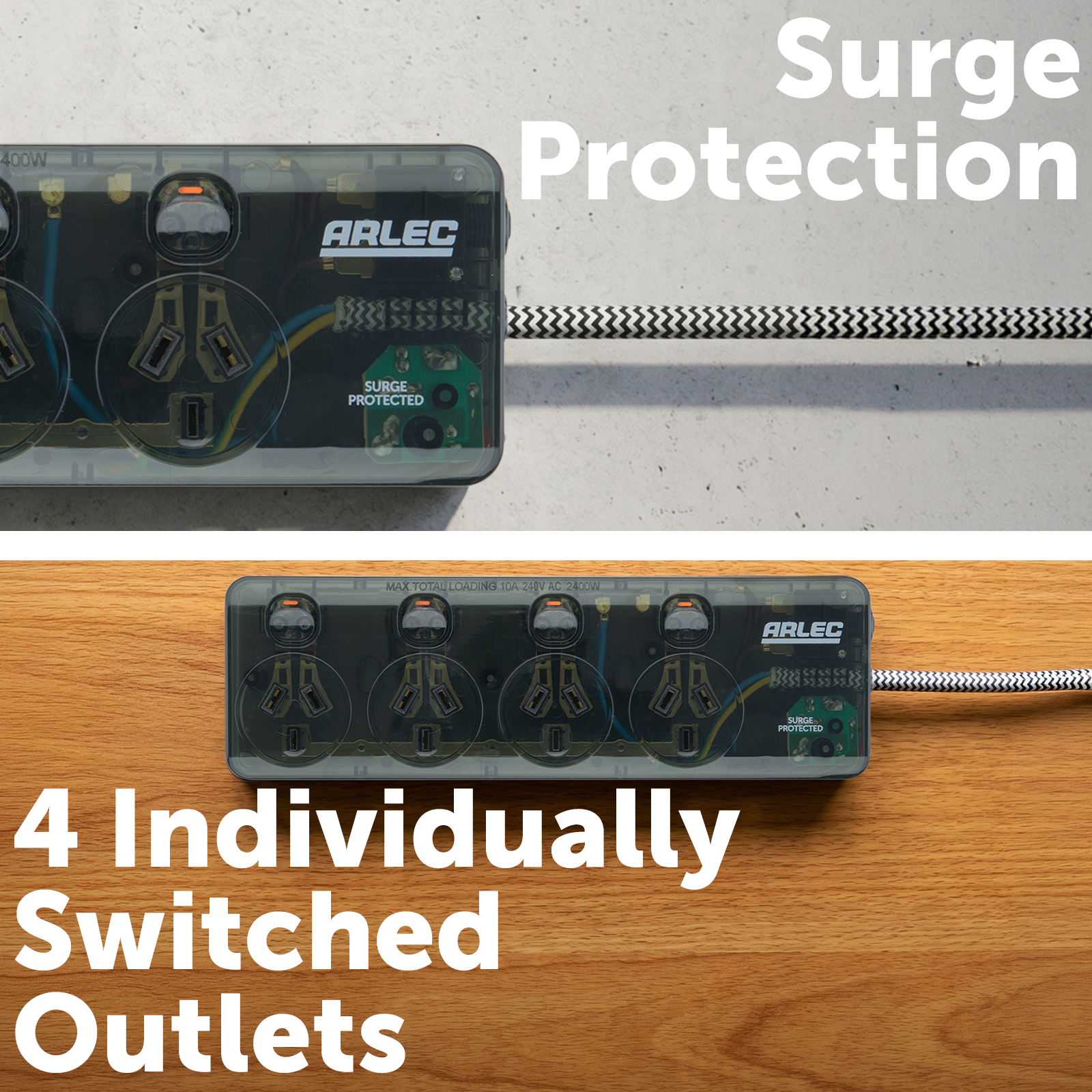 Arlec Clear Grey 4 Outlet Surge Protected Powerboard