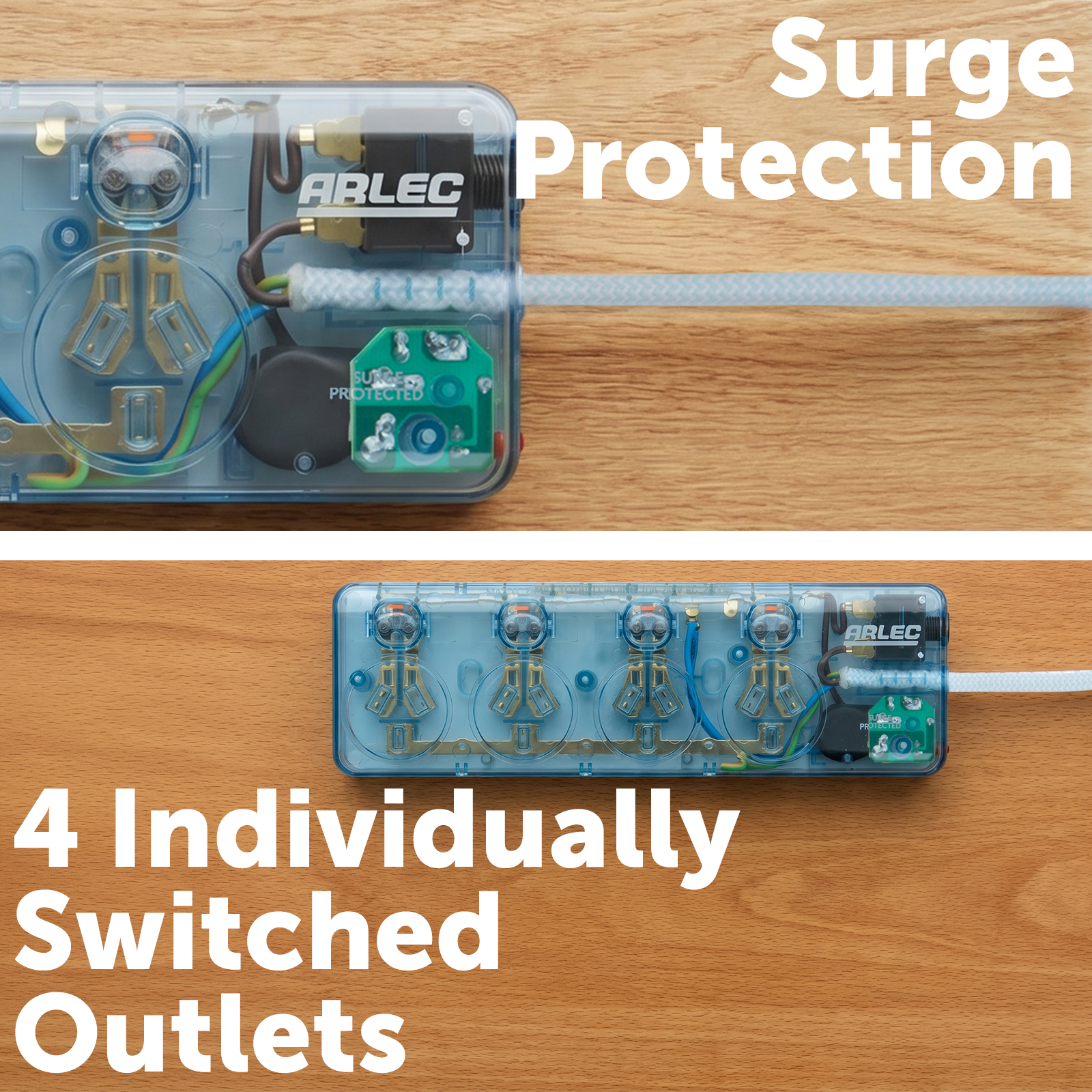 Arlec Clear Blue 4 Outlet Surge Protected Powerboard