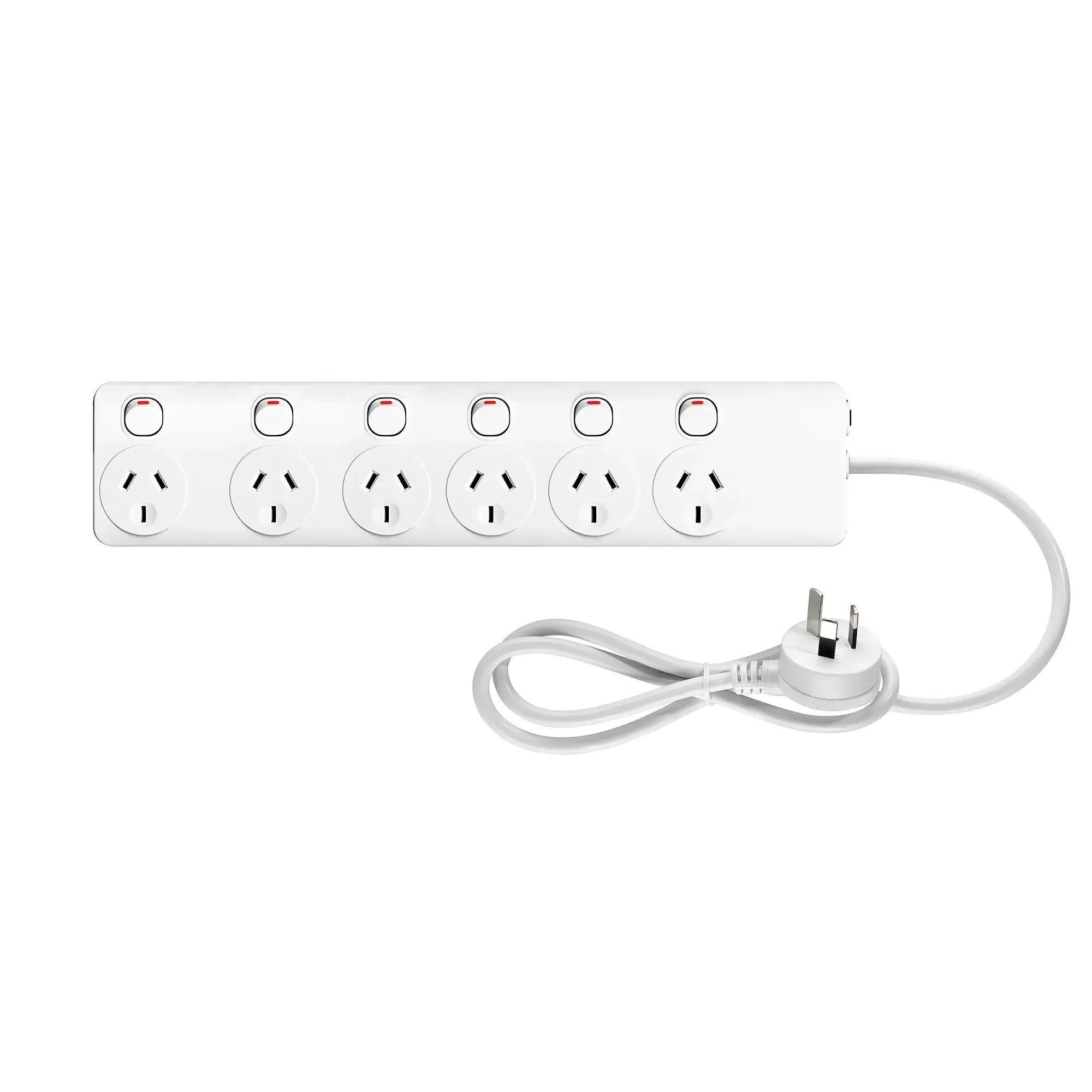 White 6-outlet power strip with individual switches and Australian plug