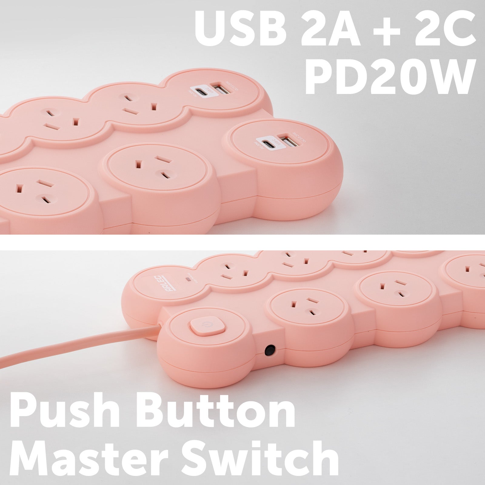 8 outlet round powerboard – peach – powerboard with round design and surge protection