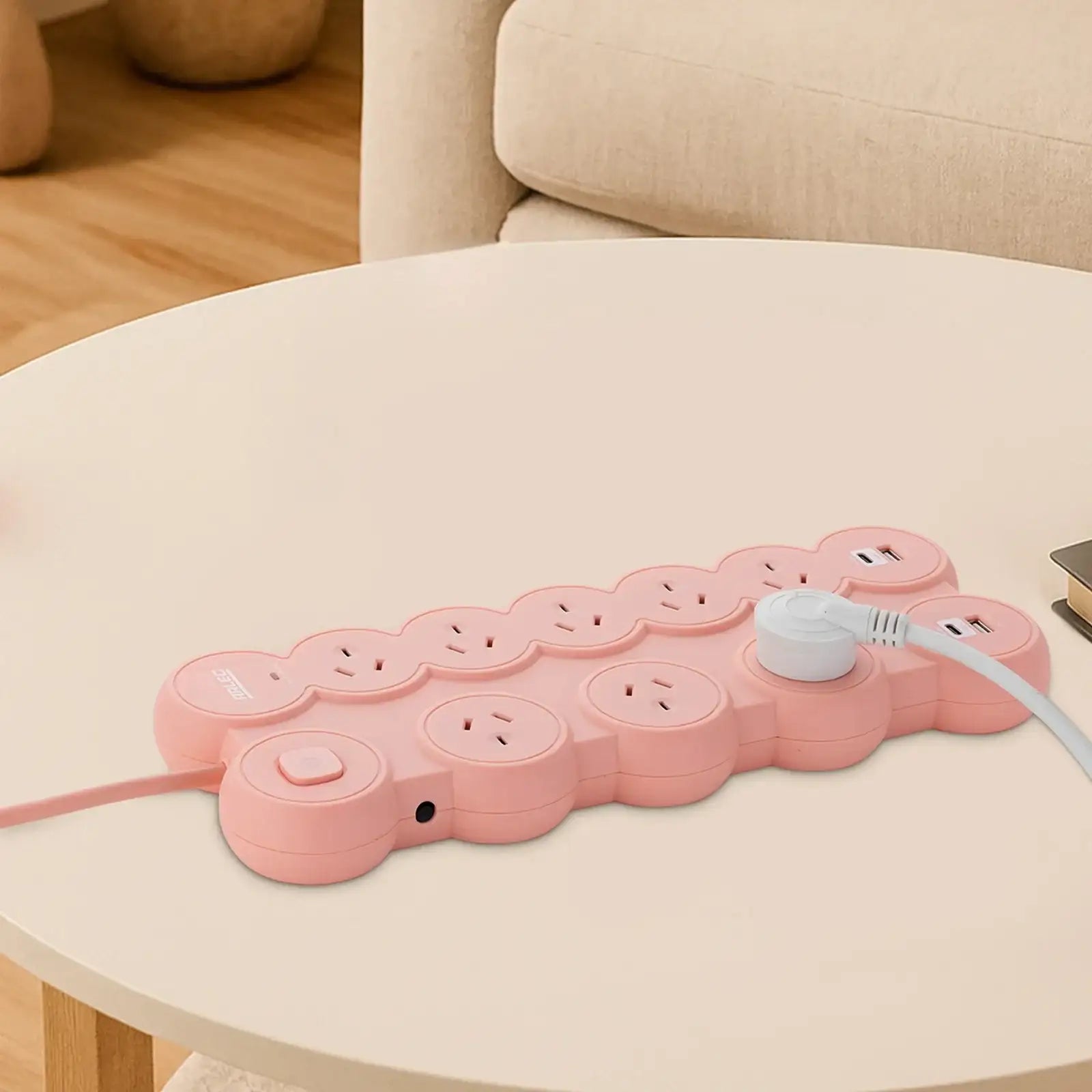 8 outlet round powerboard – peach – powerboard with round design and surge protection